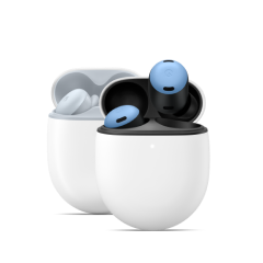 Two sets of Pixel Buds, coming out of their cases.