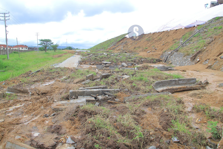 Part of the destroyed service lane along Green Park area in Athi River, Machakos County. It was destroyed by the ongoing heavy rainfalls.