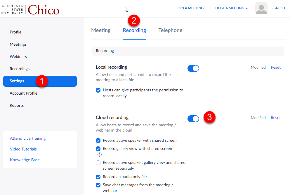 Chico State Zoom portal with Settings recording selected