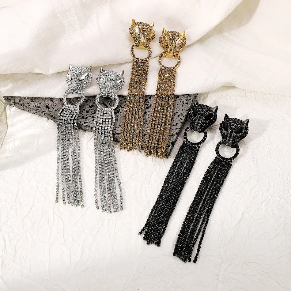 Kişiselleştirilmiş Leopar Kafa Küpeler Püsküllü Rhinestone'lu, Trend Moda Takı, Lüks Uzun Küpeler Kadınlar İçin.