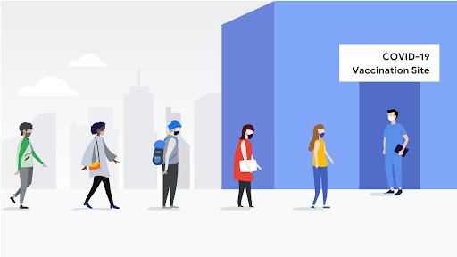 Illustration of people standing in line to receive a COVID-19 vaccine.