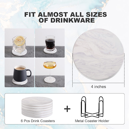 Title 12, Set of 6 Round 4in Ceramic Coasters with Metal ...