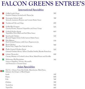 Falcon Greens - Prestige Golfshire menu 