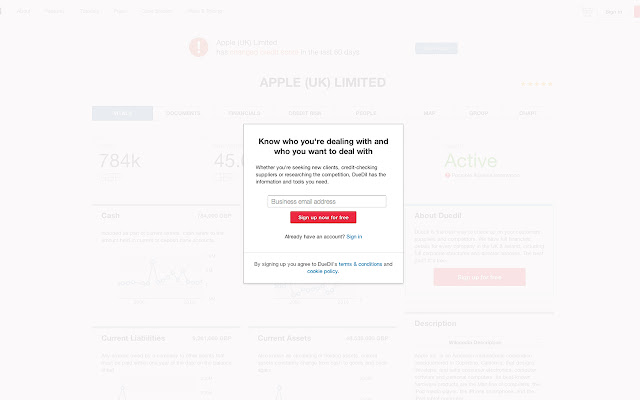 DueDil signup popup blocker