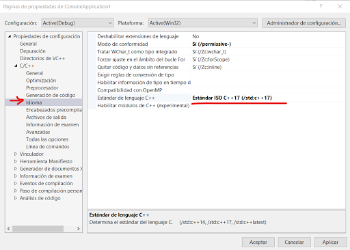 Activar C++ 17 en VS 2019