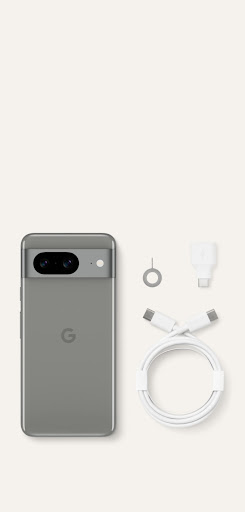 Un Pixel 8 en color verde liquen. A su lado hay un cable USB-C a USB-C, un adaptador Quick Switch y una herramienta para SIM.