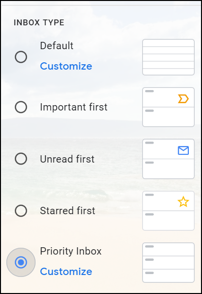 Screenshot of Quick Settings menu for Inbox types