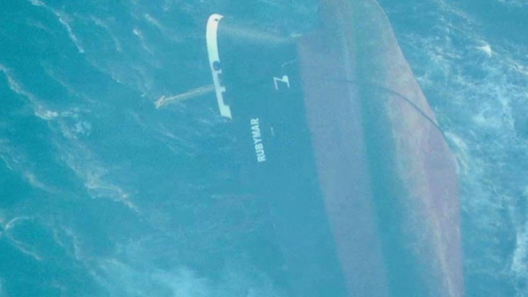 The UK-owned vessel Rubymar, which had sunk in the Red Sea after being struck by an anti-ship ballistic missile fired by Yemeni Houthi militants, is seen in this aerial view released on March 3, 2024.