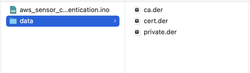 A screenshot of a 'data' directory created in the sketch folder, where the certificates can be placed.