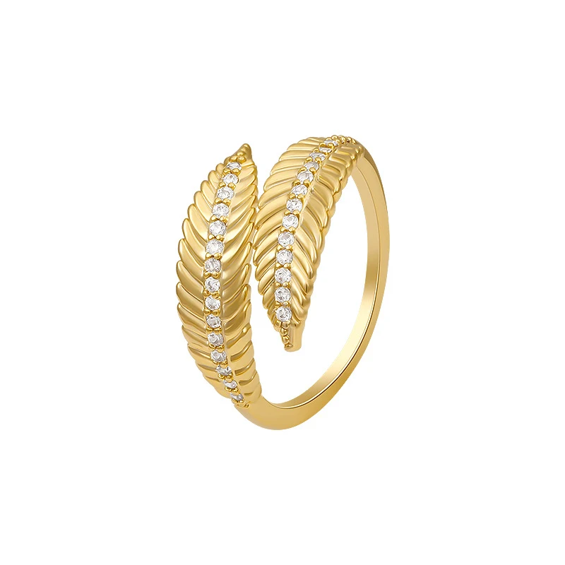 Bague feuille en zircon micro-incrustée pour femme, design niche, haute sensibilité. Bijou élégant et raffiné.