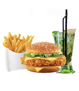 Cheese Burger With French Fries + Lemon Mojito