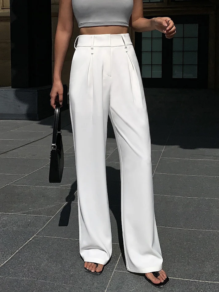 Pantalon de tailleur femme taille haute à jambes larges et fines, effet mopping, pour une silhouette élégante et un confort optimal.