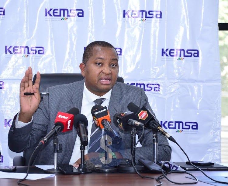 Board Chairman Kenya Medical Supplies Authority Irungu Nyakera addressing the media during KEMSA turnaround status update for the last ten months at National Supply Chain Centre in Embakasi Nairobi on February 21, 2024