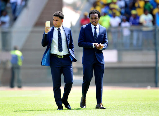 Keagan Dolly and Percy Tau of Mamelodi Sundowns during the 2016 Caf Champions League Final match between Mamelodi Sundowns and Zamalek at Lucas Moripe Stadium, Pretoria on 15 October 2016Â©Samuel Shivambu/Backpagepix