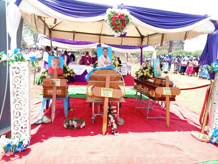 The caskets bearing the remains of the late Telesia Mumbe and her children during the funeral service on Saturday.