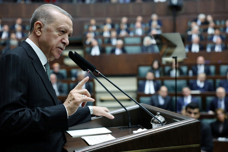 Turkish President Recep Tayyip Erdogan addresses members of his ruling AK Party in Ankara, Turkey, March 1 2023. Picture: MURAT CETINMUHURDAR/PPO/REUTERS