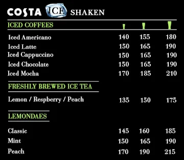 Costa Coffee menu 