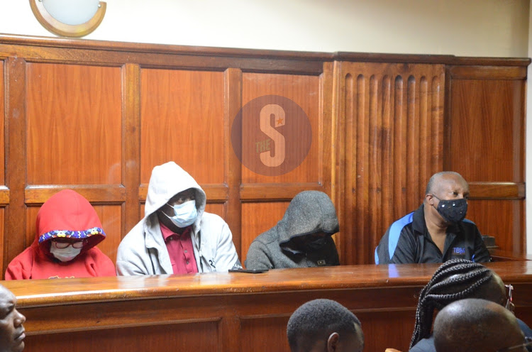 Four suspect in the Embakasi gas explosion tragedy. (left to right) Marrian Mutete Kioko, David Walunya Ong’are, Joseph Makau, and Derick Kimathi at Milimani law courts before principal Magistrate Dolphina Alego where the prosecution applied to detain them in custody for 21 days, to enable the police to complete investigations. They were before court on February 7, 2024./DOUGLAS OKIDDY