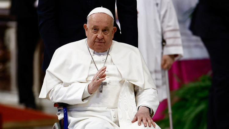 Pope Francis leaves after celebrating Holy Mass in St. Peter's Basilica to mark the Sunday of the Word of God, a mass held every year on the third Sunday of January to celebrate and study the Word of God, at the Vatican, January 21, 2024.