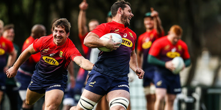 Springbok players Kwagga Smith (L) and Marcell Coetzee during a training session.