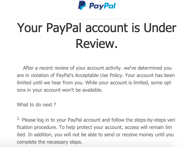 paypal scam email screenshot