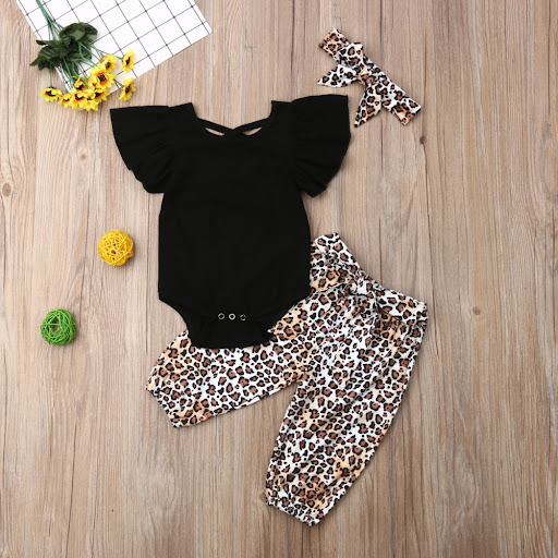 Title 2, Black short-sleeved top and leopard print trous...
