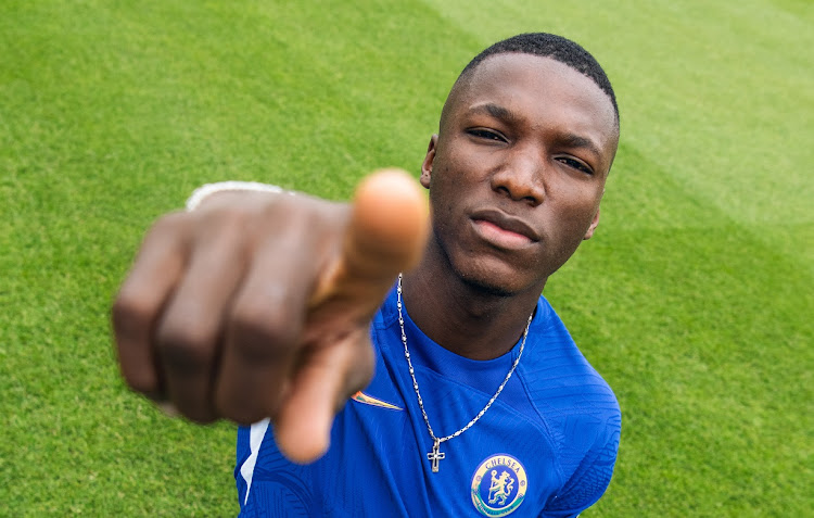 Chelsea present Ecuadorean Moses Caicedo as their new signing in a promotional picture.