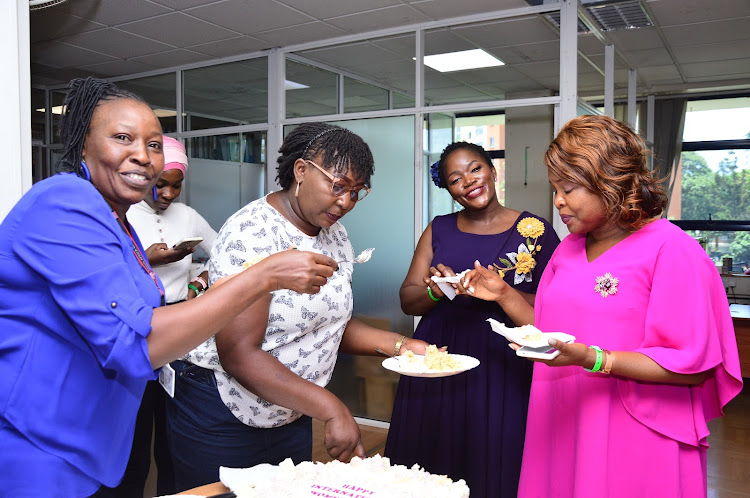 Jane Muthoni (left), Josphine Kamau, Jemimah Ngode and Julie Luseno during International Women's Day celebrations at Radio Africa Group offices in Nairobi March 8, 2024.