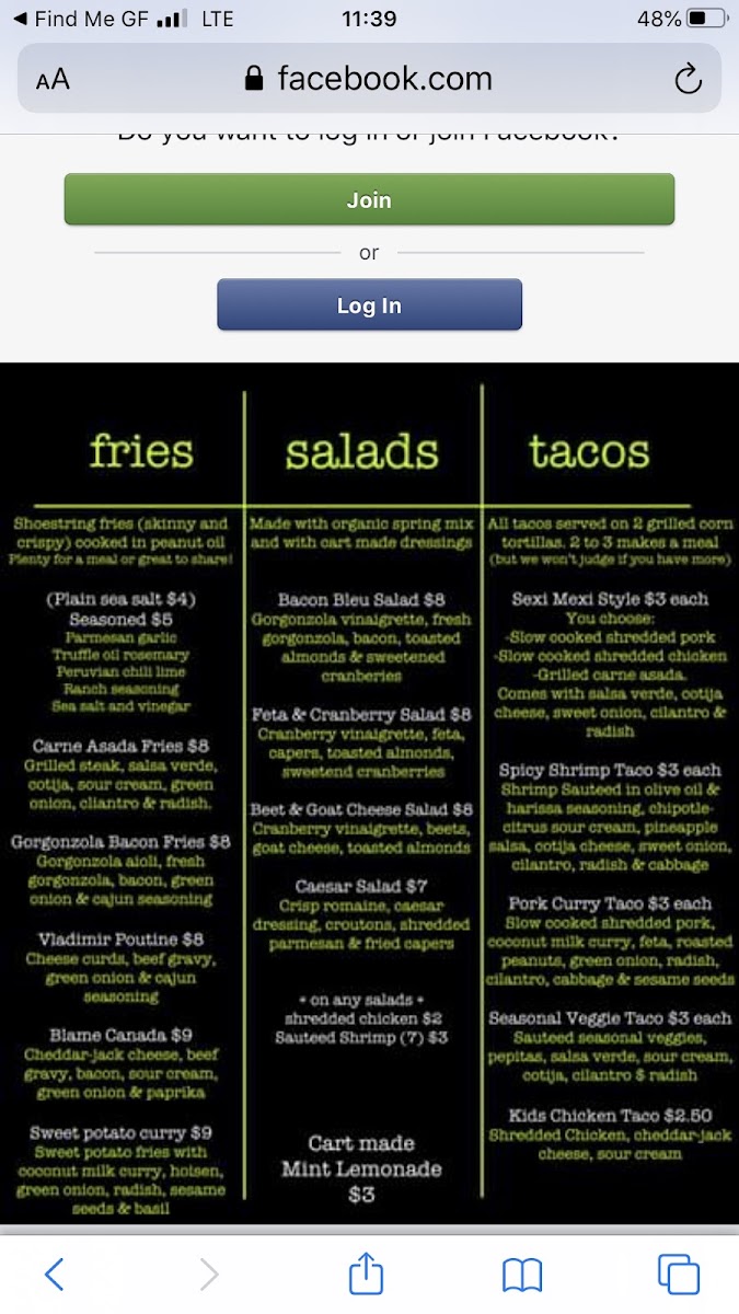 Menu from Facebook