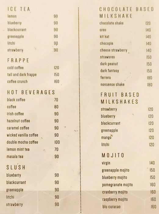 Nonsense Cafe menu 