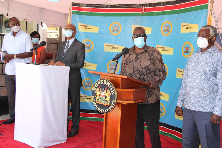 Health director general Patrick Amoth, CAS for Health Rashid Aman, Homa Bay Governor Cyprian Awiti and Deputy Governor Hamilton Orata during th Covid-19 press beriefing in Homa Bay town on September 3.