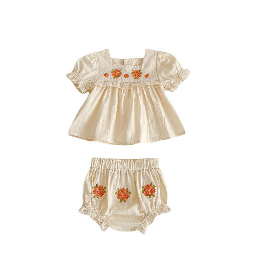 Title 1, Flower Embroidered Short Sleeve Top, a comforta...