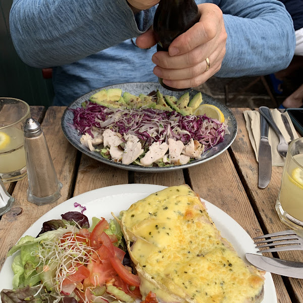 Local cheese on beautiful GF toast and A chicken and avocado salad - all fresh and local ingredients