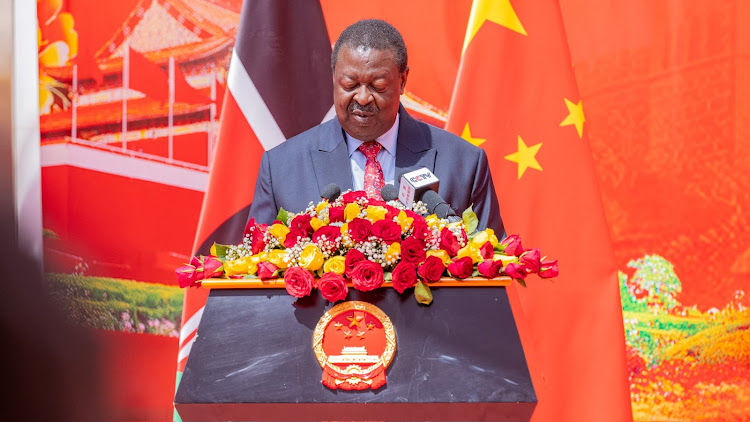 Prime Cabinet Secretary Musalia Mudavadi speaking during commemoration ceremony to mark the 74th Anniversary of the founding of the People’s Republic of China on September 28, 2023.