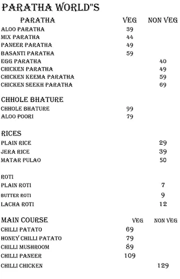 Paratha World menu 