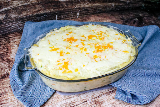 Chicken Shepherd's Pie with melted cheese on top.