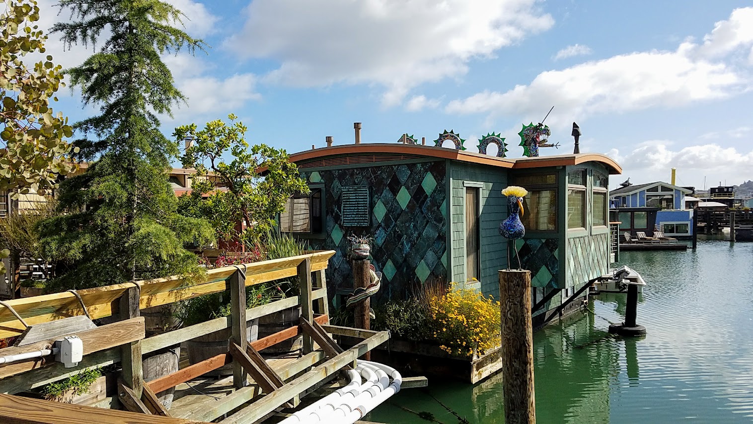 Floating Homes of Sausalito. There are multiple piers where neighborhoods of floating homes are docked in Sausalito, just 30 minutes north of San Francisco, and the one I visited were the docks at Waldo Point Harbor.