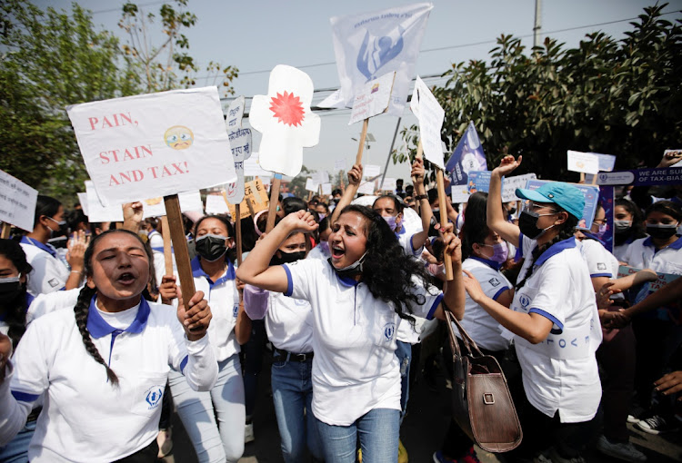 Women take part in a rally demanding tax free pads during the International Women's Day in Kathmandu, Nepal March 8 2021. Picture: REUTERS/NAVESH CHITRAKAR