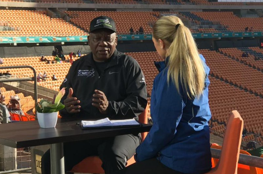 President Cyril Ramaphosa talks to the SABC at FNB Stadium ahead of the start of the 2018 Old Mutual Soweto Marathon on Sunday November 4, 2018. Image: