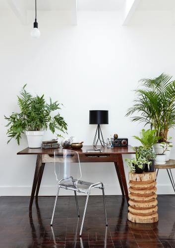 From the inside, the vestibule is almost invisible, too, the doorways creating a picture frame for the desk. Door and window frames are in kiaat, a local hard wood. The desk is a vintage-shop find, the lightness of the composition maintained by the transparent polycarbonate chair.