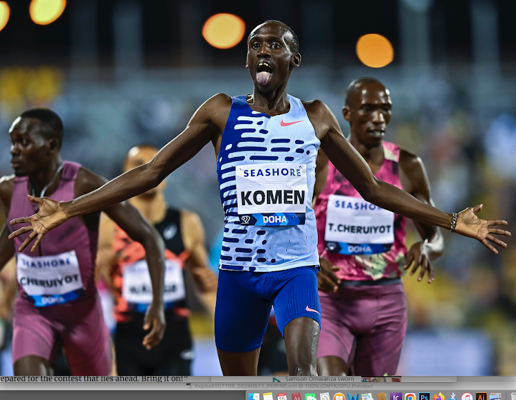 Brian Komen crosses the finish to win 1500m at last week's Diamond League in Doha