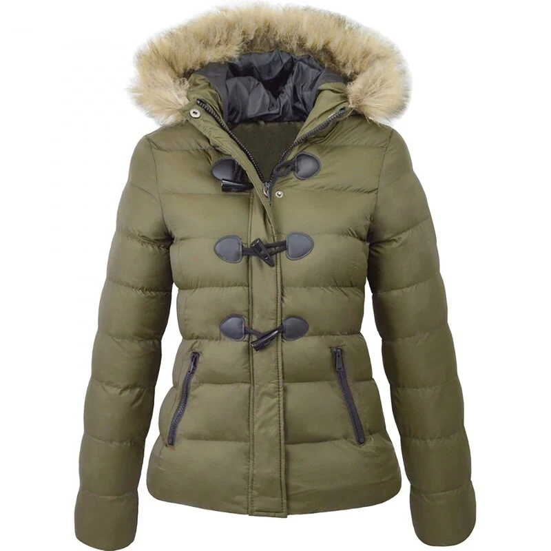 Manteau en coton pour femme avec boucle en corne, un vêtement élégant et confortable. Profitez de chaleur et de style avec cette pièce polyvalente.