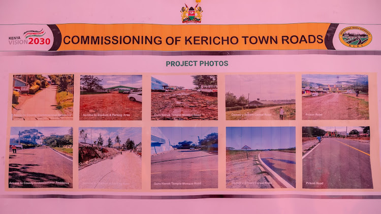 Display of road projects when President William Ruto launched development projects in Kericho County on March 14, 2024.