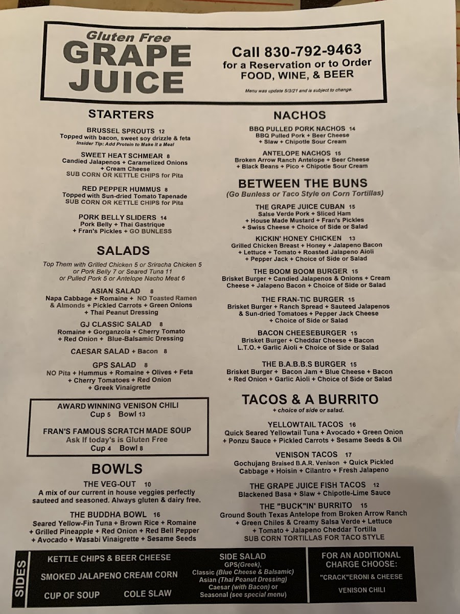 Grape Juice gluten-free menu