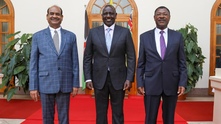 Speaker of the Lok Sabha Om Birla, President William Ruto and Speaker of the National Assembly Moses Wetangula at State House, Nairobi on January 17.