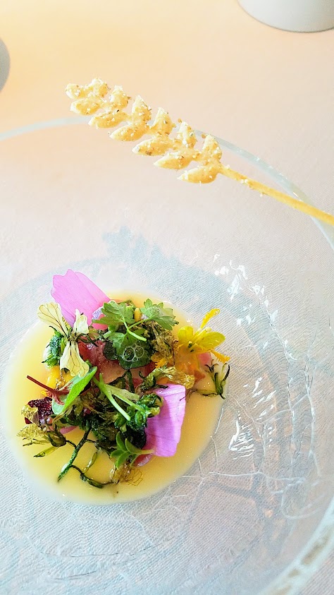 Pickled Onions, Onion Plants, and Melted 'Vesterhavs' Cheese dish at Geranium, a three Michelin star restaurant in Copenhagen