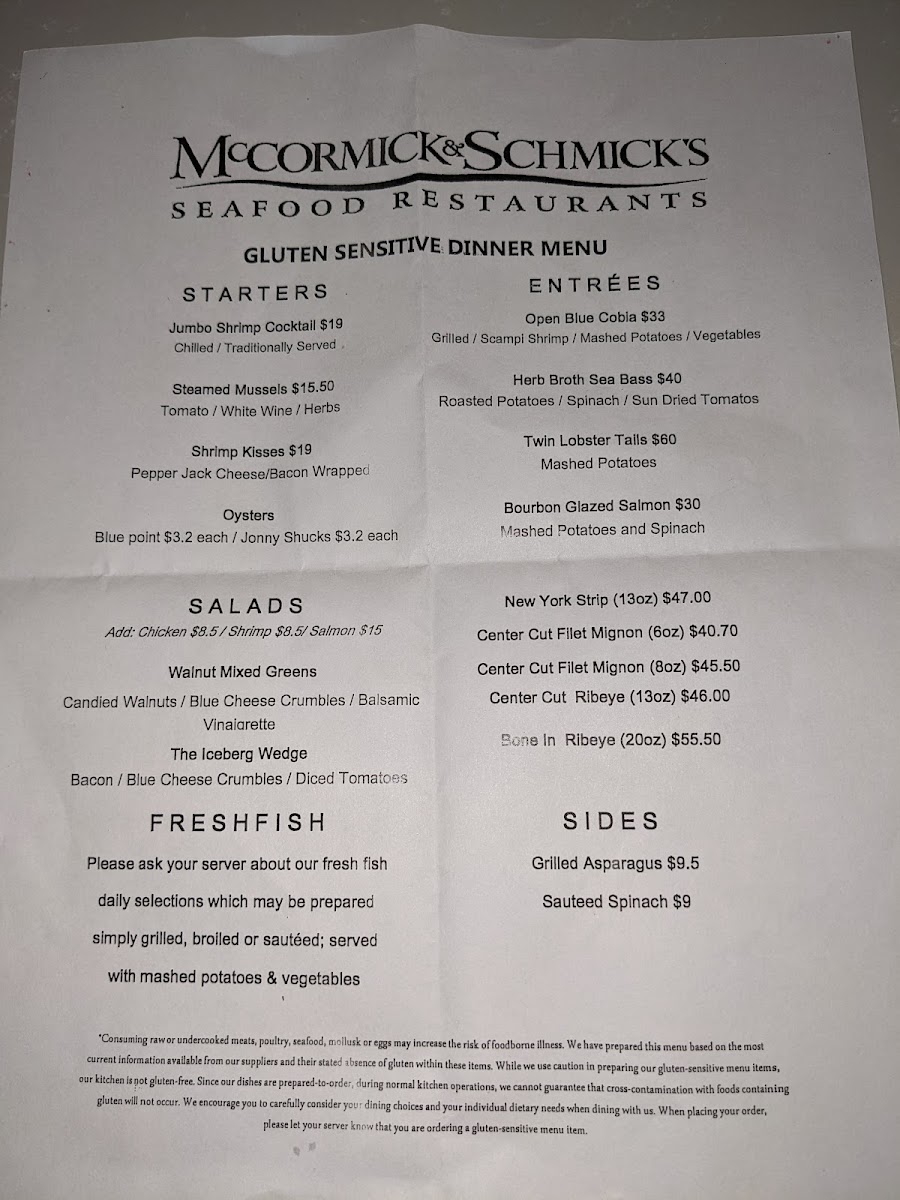 McCormick & Schmick's gluten-free menu