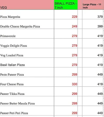 Senorita Margherita menu 