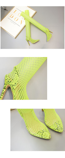 Title 14, Mesh cutout high heel stretch sock boots. Exper...