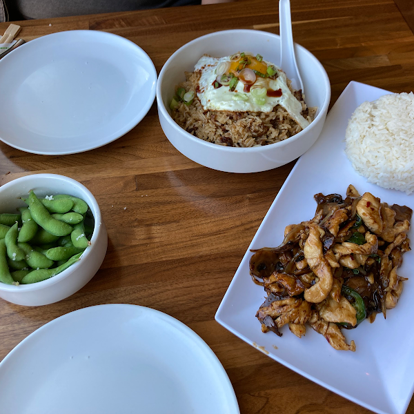 Edamame, Basil Chicken and Adobo Fried rice